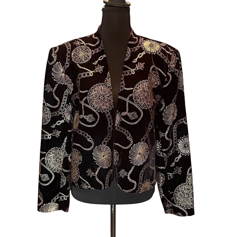 Vintage Black Plush Velvet Gold Chain Medallion Blazer Jacket 6 Avant Garde 80s